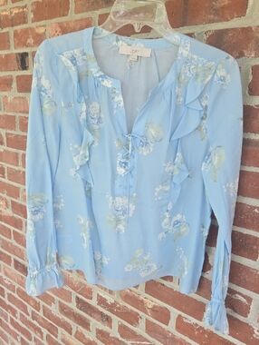 LOFT Light Blue Floral Ruffle Tie-Front Blouse